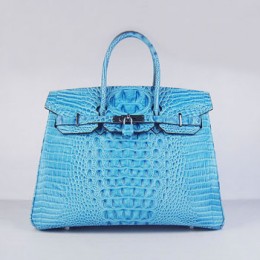 Hermes Birkin 35Cm Crocodile Head Stripe Handbags Light Blue Silv